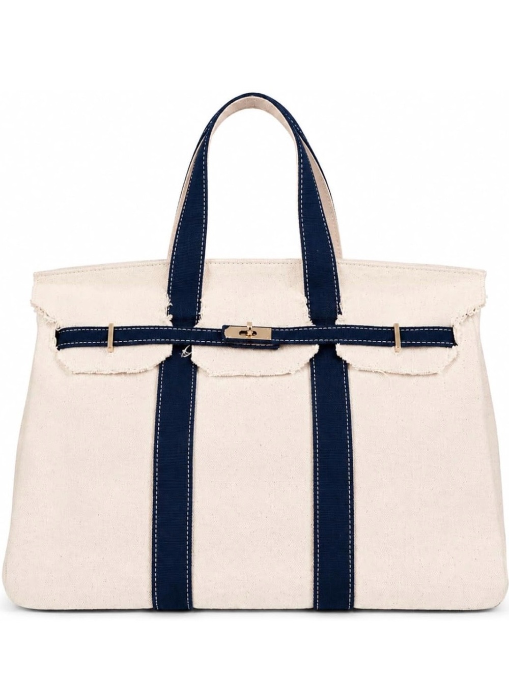 NEW, Designer Inspired Classic Canvas Tote Bag with Navy Trim - Unbranded